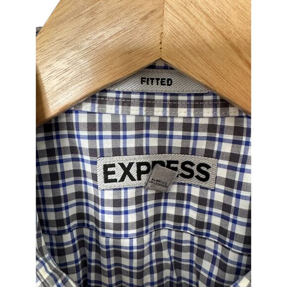 Express Fitted Gray & Blue Check Print Long Sleeve Button-Down Shirt Men's Large - Picture 6 of 6